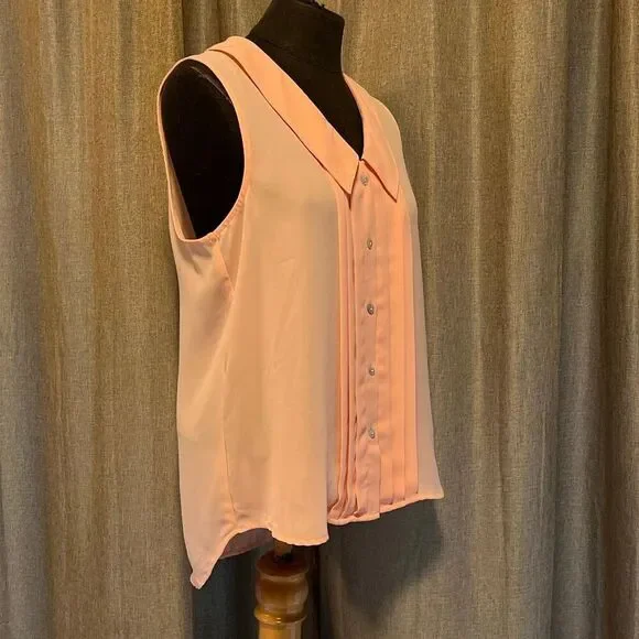 Forever 21 Women's Pink High Low Button Down Pleated Sleeveless Blouse - Picture 3 of 7